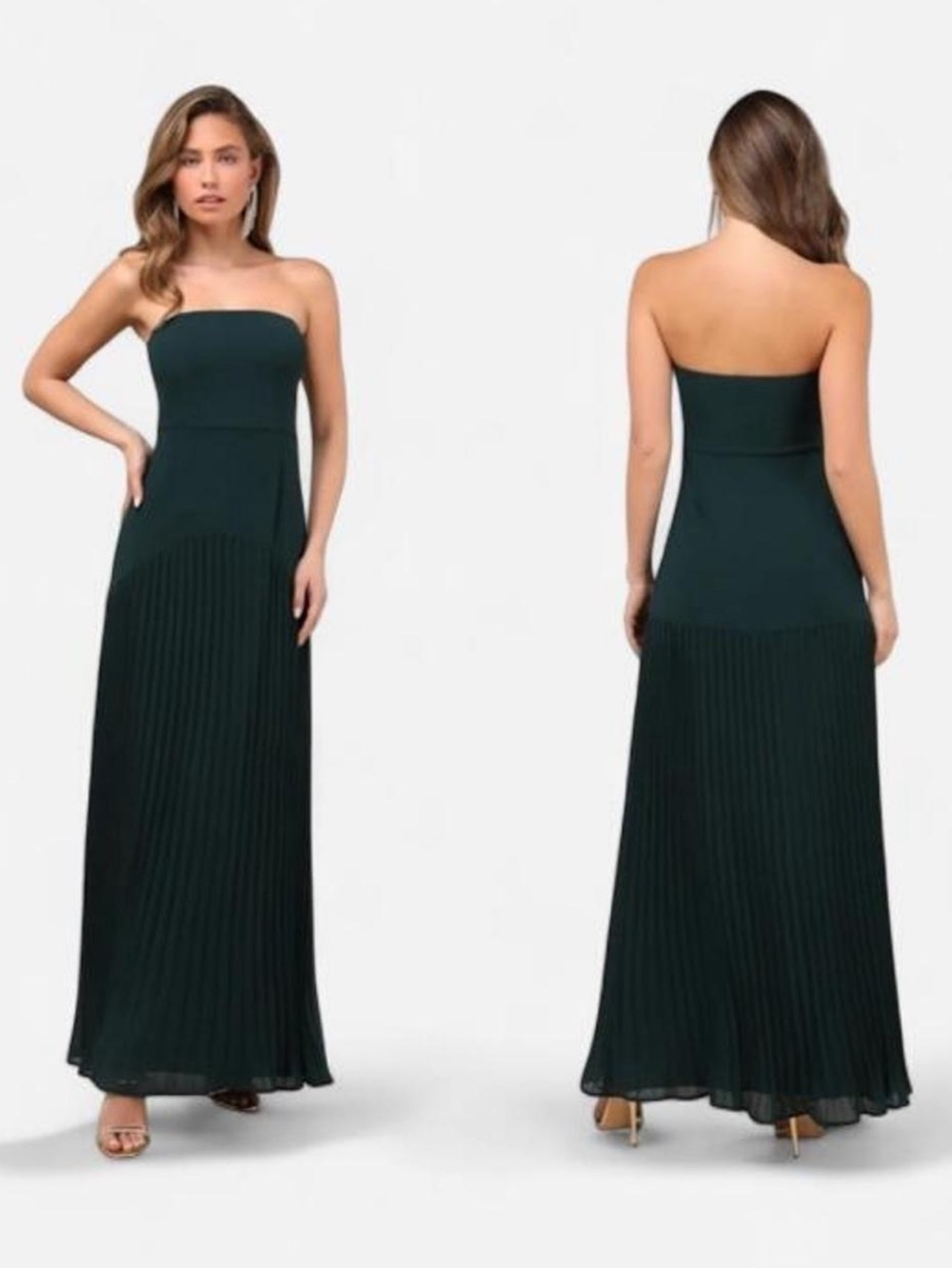 Strapless Pleated Maxi Dress - Dark Green